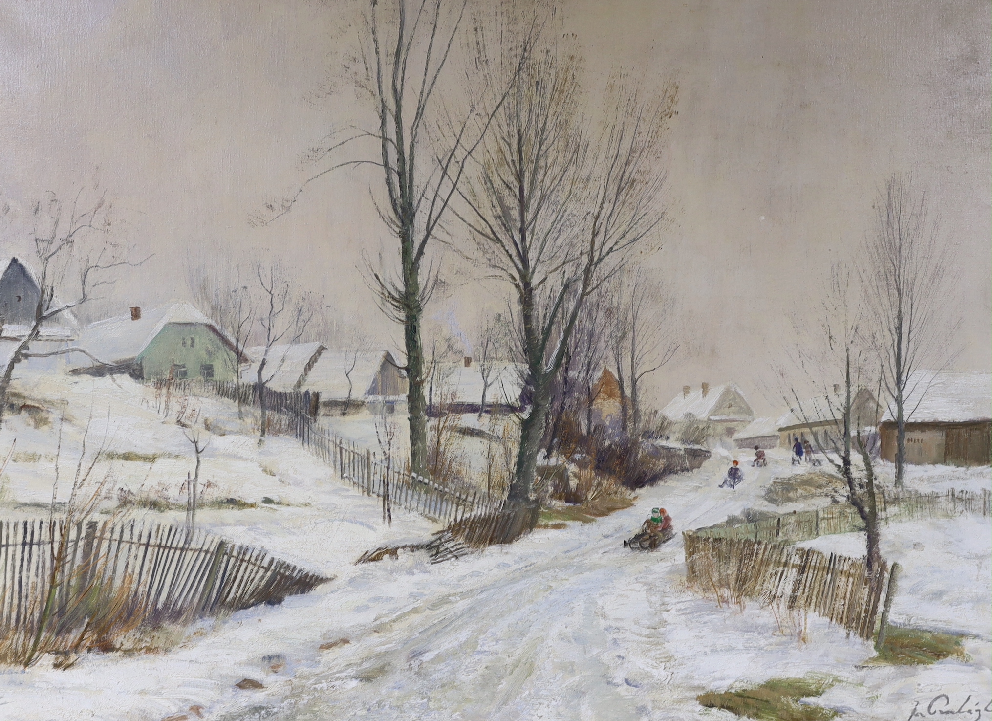 French School, oil on canvas, Children sledging in a winter landscape, indistinctly signed, 50 x 70cm